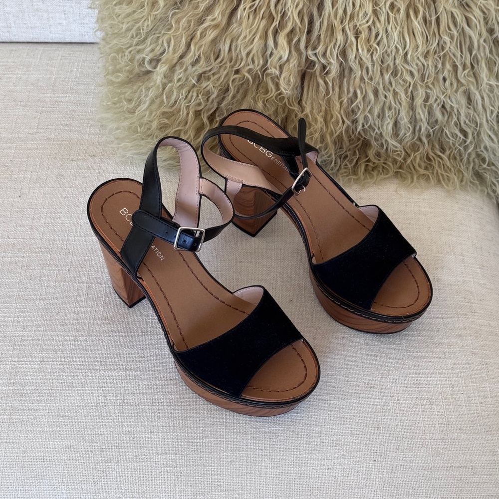 BCBGeneration Zina Women's Black Platform Leather Suede Sandal Size 7B